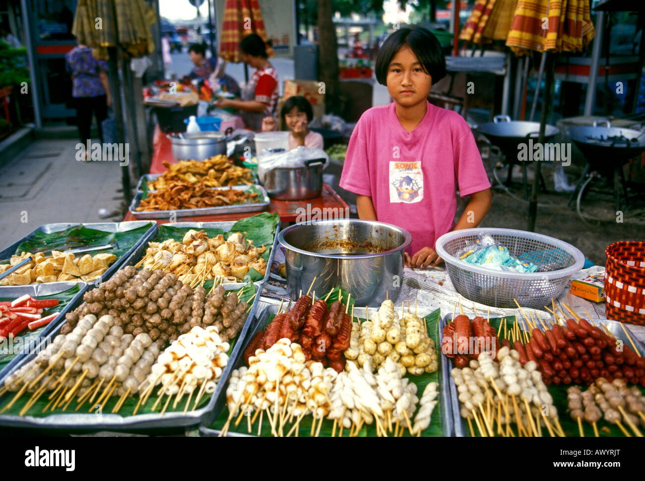 1 One Thai Girl Street Vendor Food Vendor Selling Food Pork Stock 