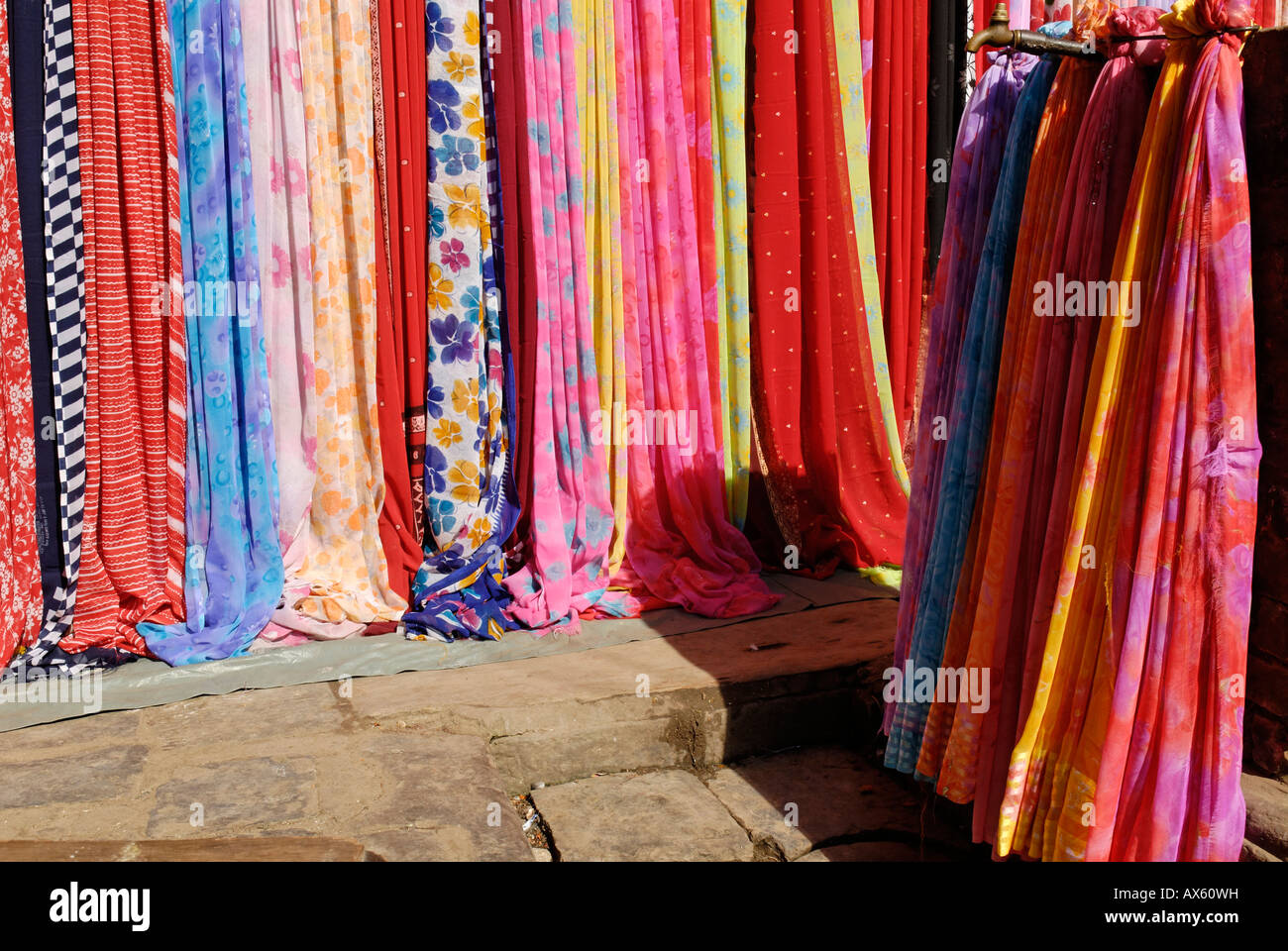 Colorful fabric at the bazar of Kathmandu, Nepal Stock Photo, Royalty