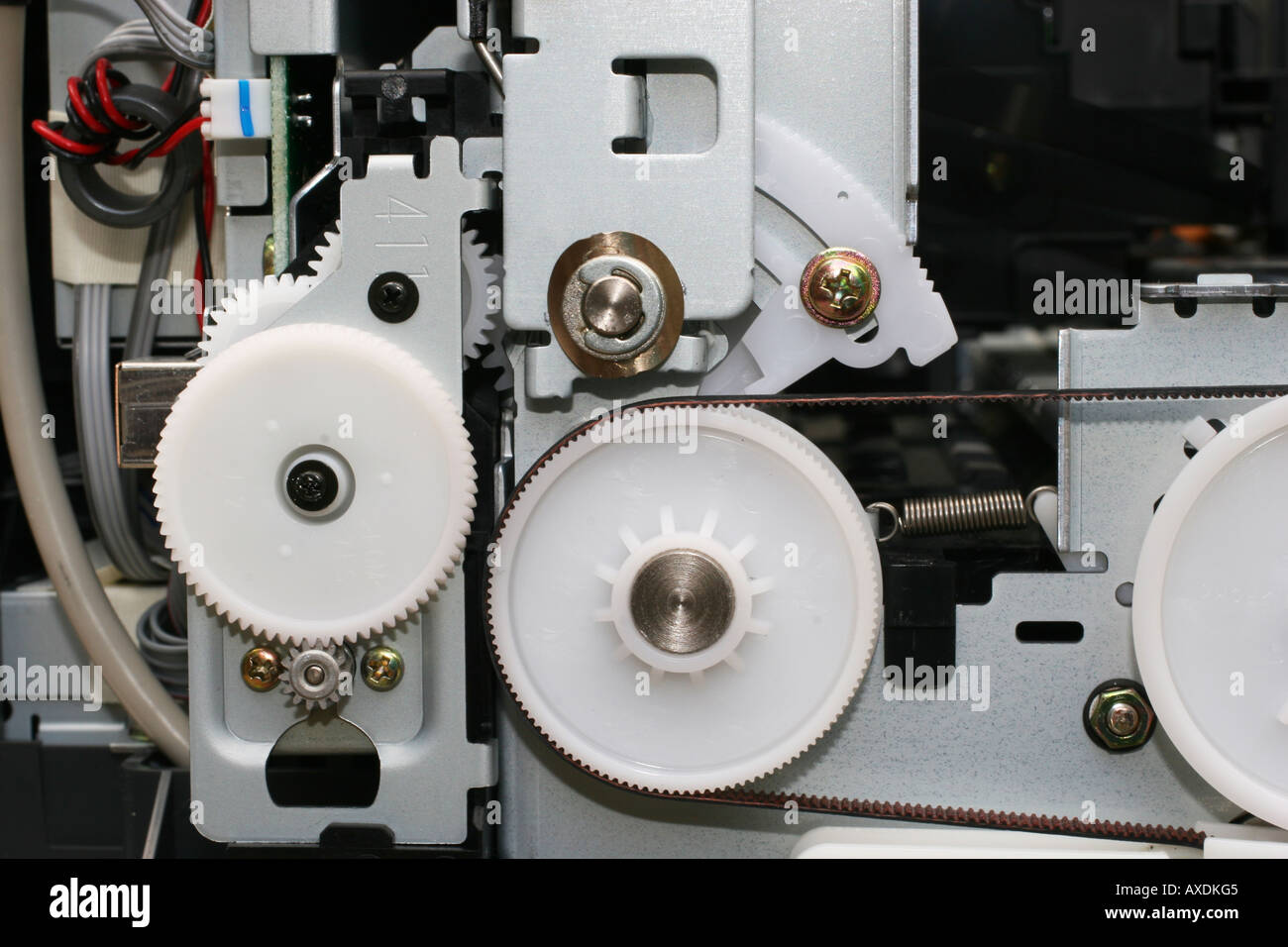 Nylon gear train and drive system inside inkjet printer Stock Photo
