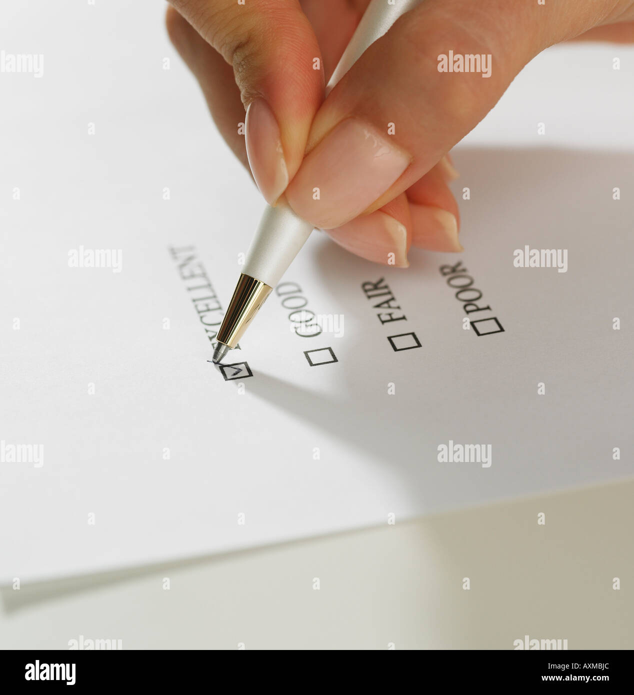 Close Up Of Woman S Hand Marking Check Box With Pen Stock Photo Alamy