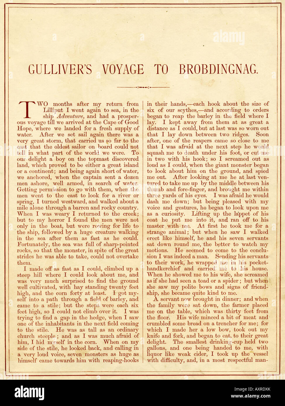 Opening Page Of Gulliver's Voyage To Brobdingnag From Gulliver's Stock