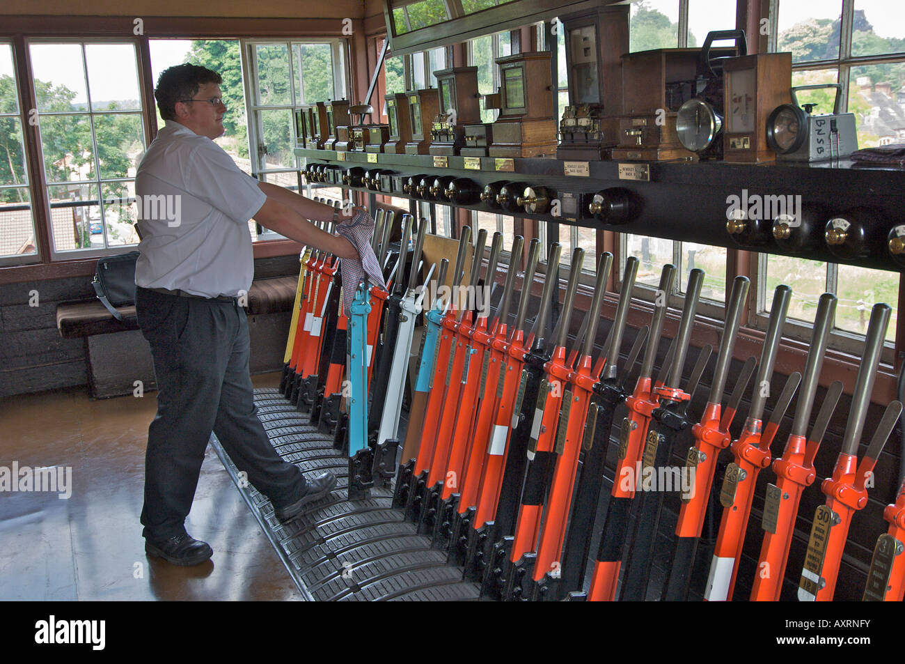 Signalman in the signal box at Bridgnorth Railway Station on the Stock