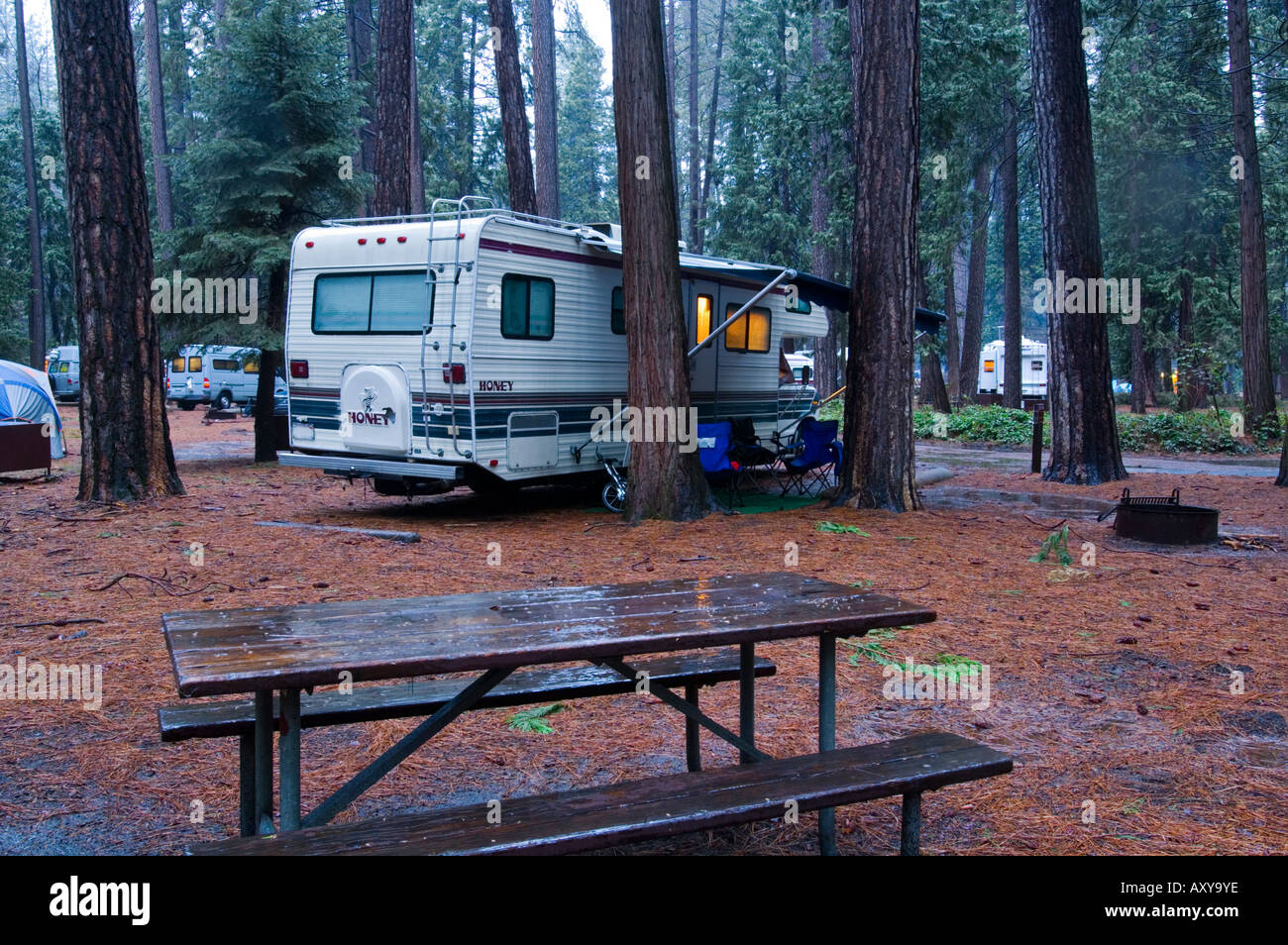 RV Camper Camping In Forest During Spring Rain Storm North Pines Campground Yosemite National Park California RV Camper Camping In Forest During Spring Rain Storm North Pines Campground Yosemite National Park California