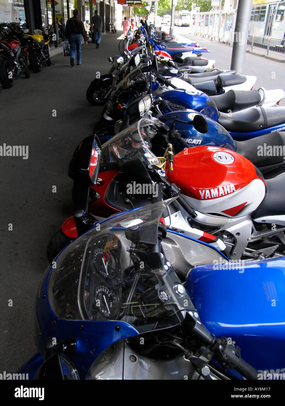 Long Line Of Motorcycles For Sale Elizabeth Street Melbourne Stock 