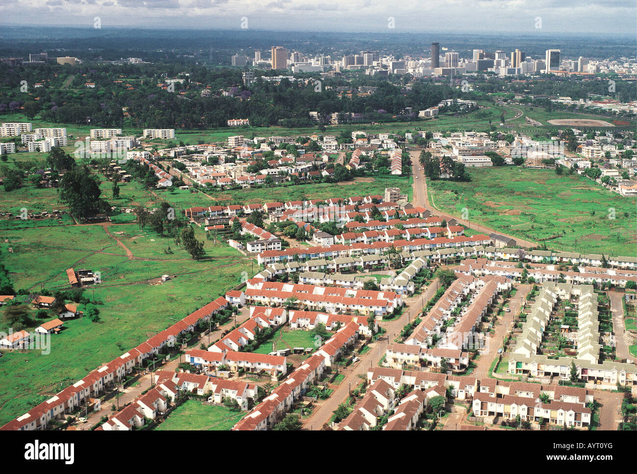 Aerial view of part of suburb of South C with Nairobi City skyline in