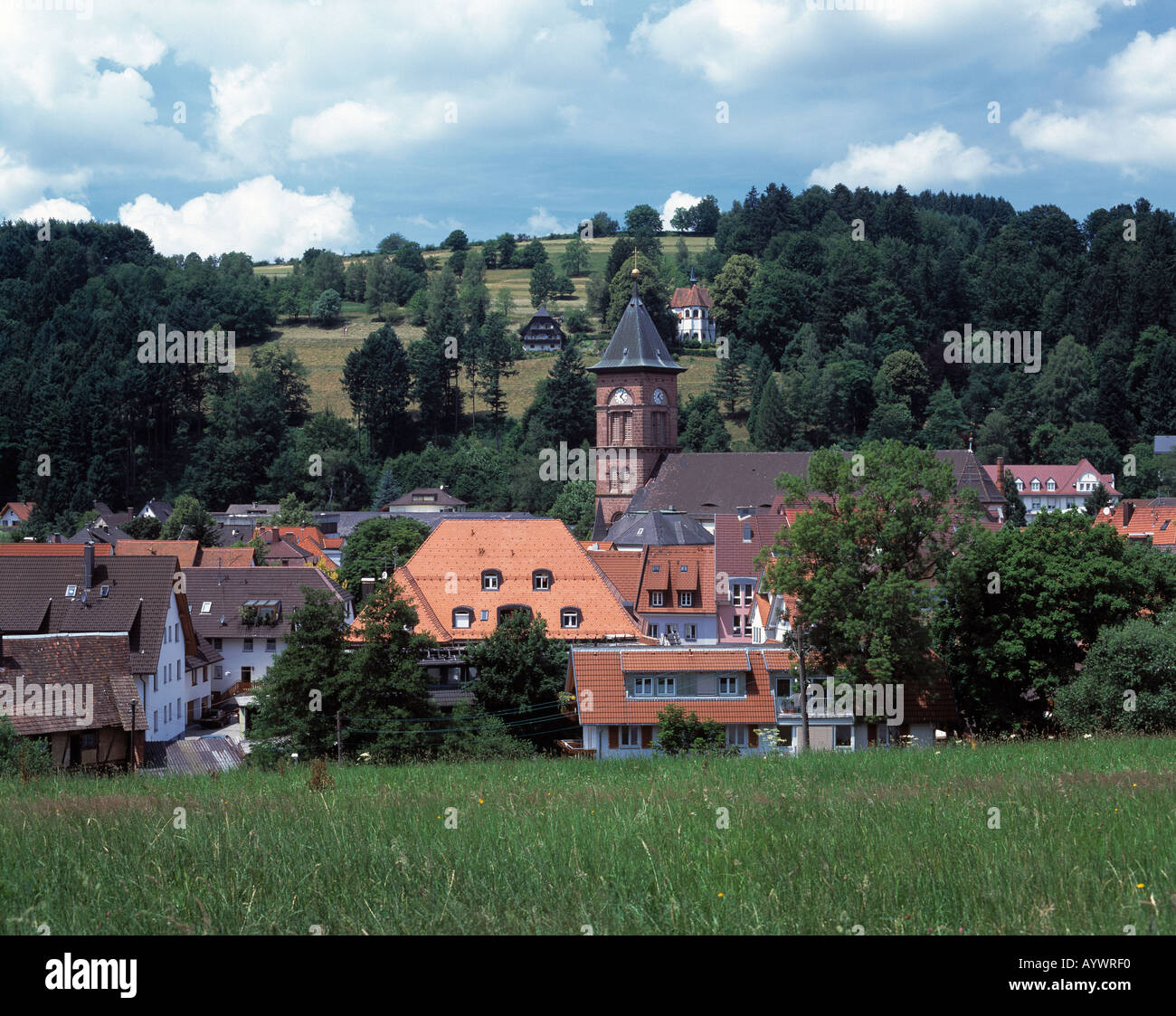huegelige Landschaft mit Stadtansicht von Elzach, Elztal Stock Photo