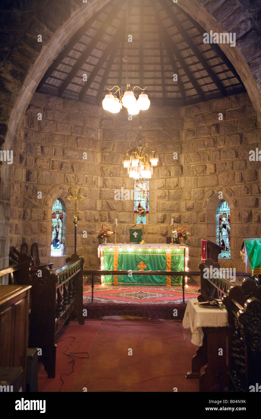 Altar and chancel with stained glass windows in Protestant Christ Stock