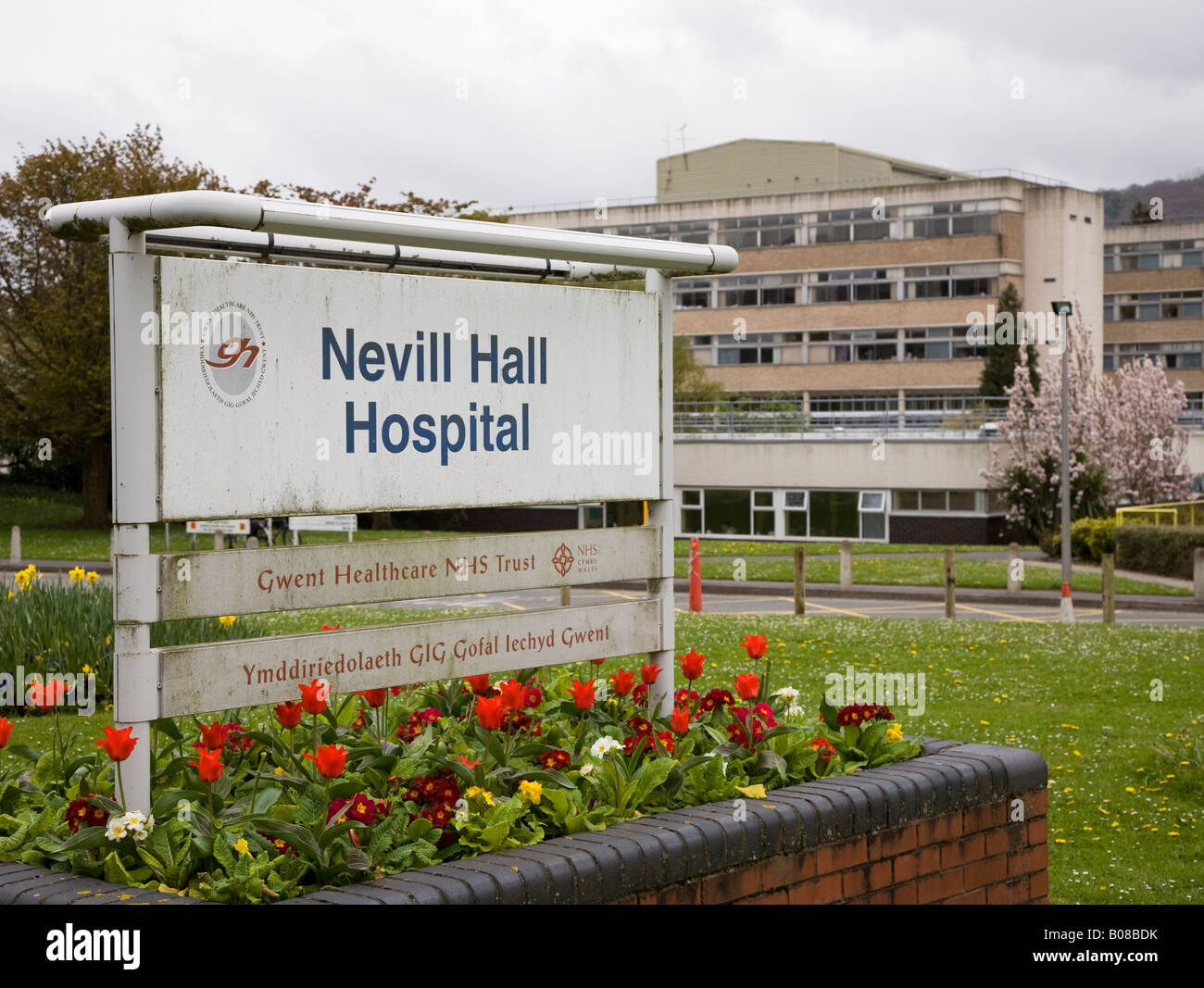 Sign in poor condition for Nevill Hall Hospital Abergavenny Wales UK