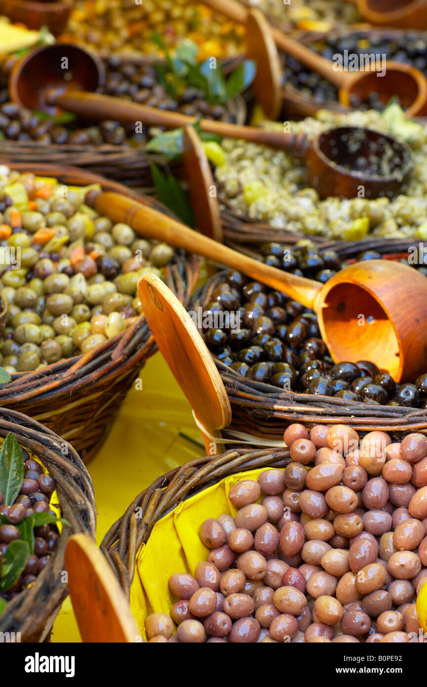 olives for sale in the market, Place aux Herbes, Uzès, Languedoc Stock