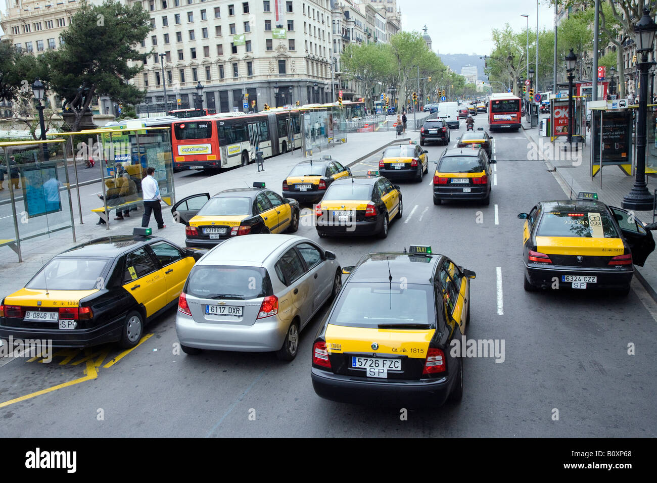 Taxis And Traffic Barcelona Spain Stock Photo Alamy