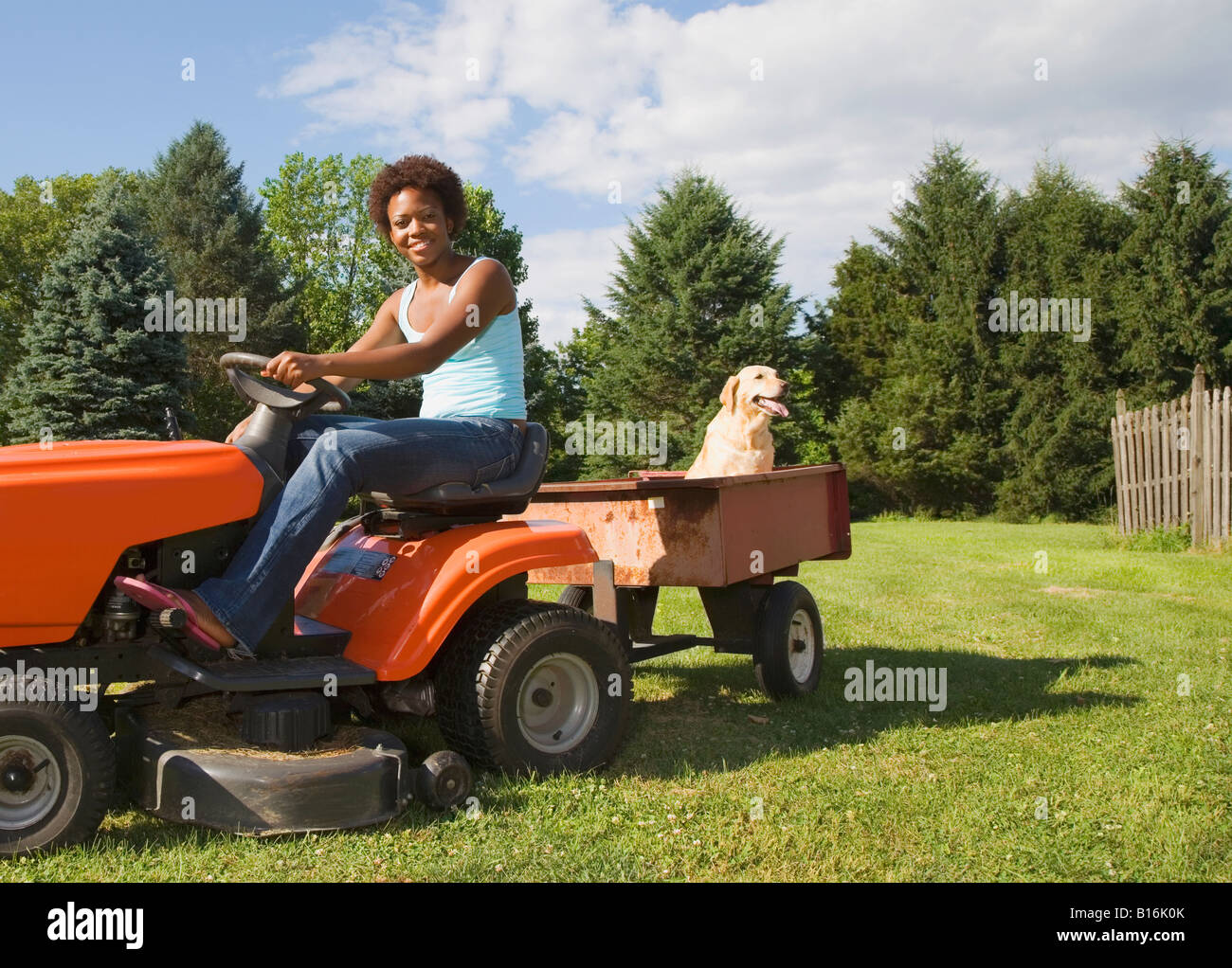 African American Woman Mowing Lawn Stock Photo Alamy