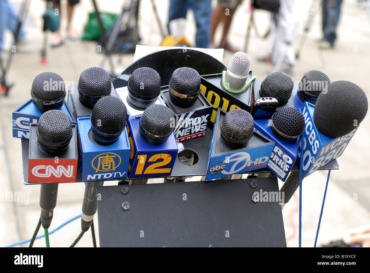 Microphones at a news conference in New York Stock Photo, Royalty Free