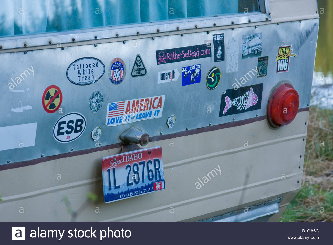 Bumper Stickers cover the back of a Idaho licensed travel trailer Stock Photo, Royalty Free