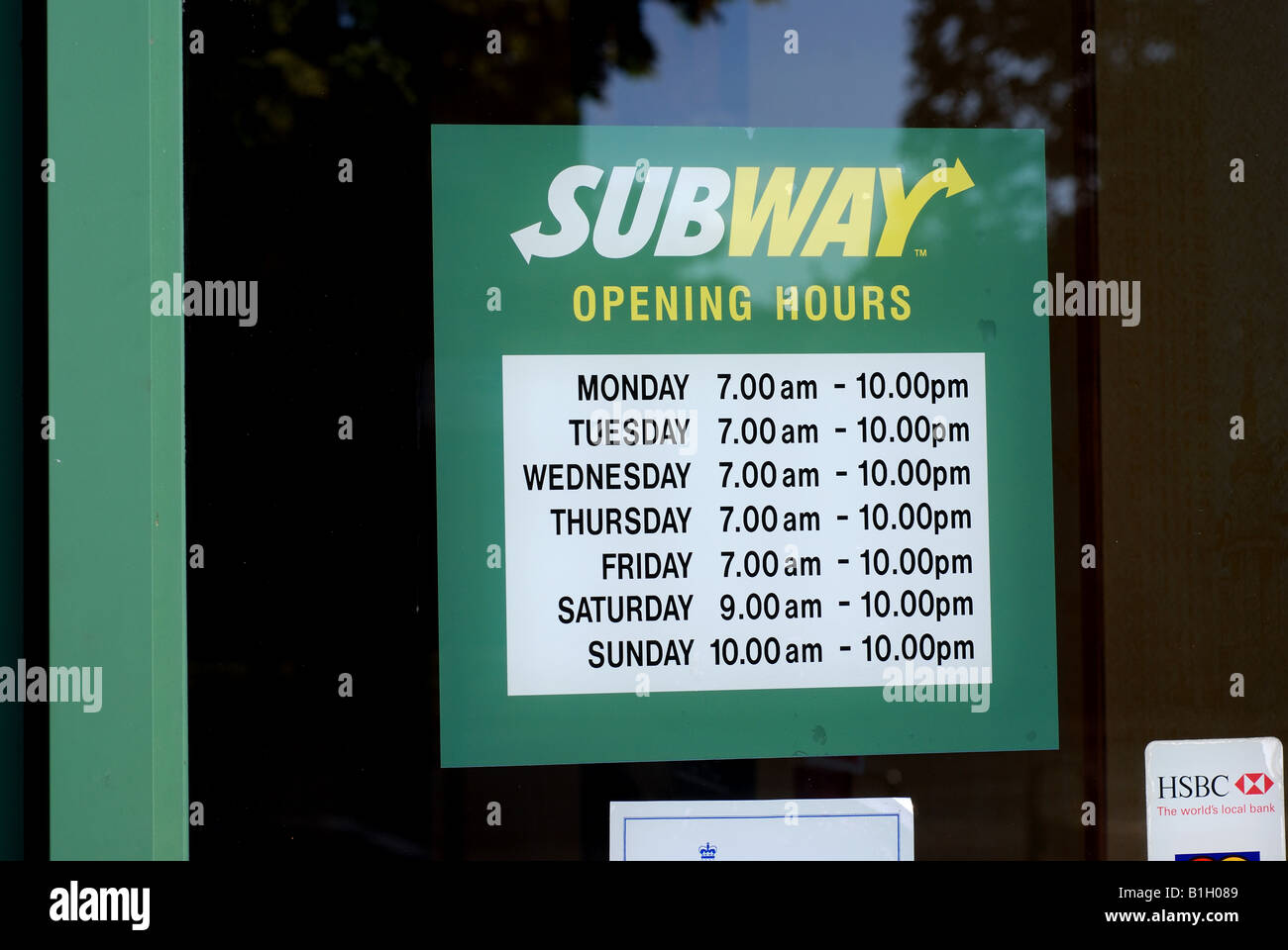 Subway food outlet opening hours sign, UK Stock Photo ...