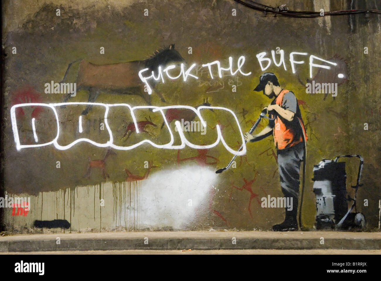 Banksy British graffiti street artist [Cans Festival] Waterloo Stock Photo, Royalty Free Image