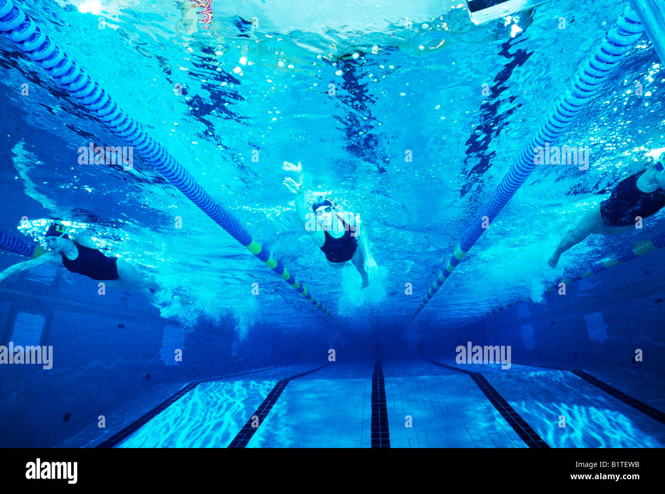 Underwater view of high school swim team members working out in a Stock