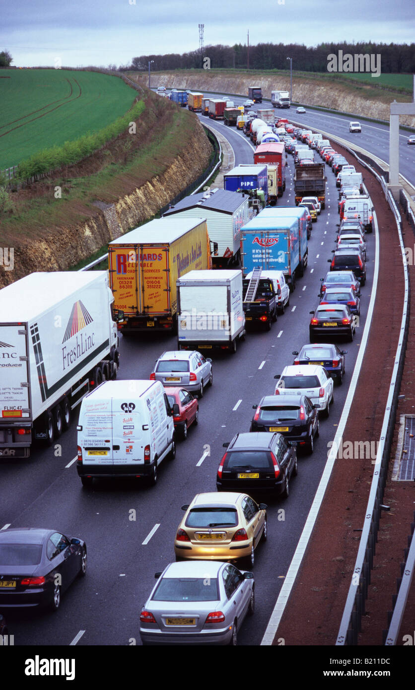 traffic jam in rain on the A1 M1 motorway Leeds Yorkshire UK Stock