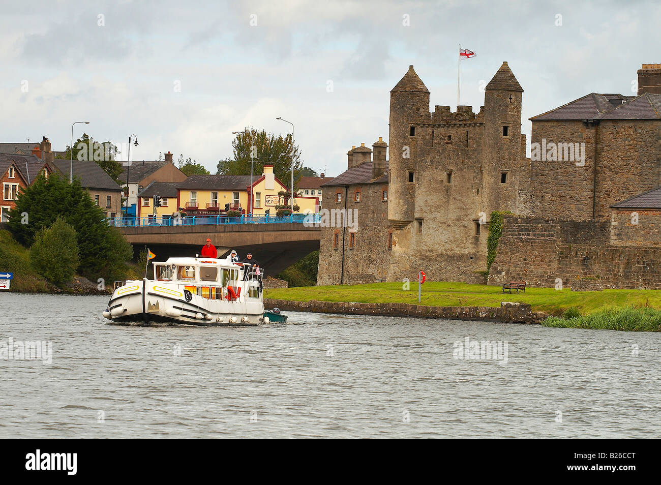 outdoor photo, with a houseboat on the River Erne, Enniskillen Stock
