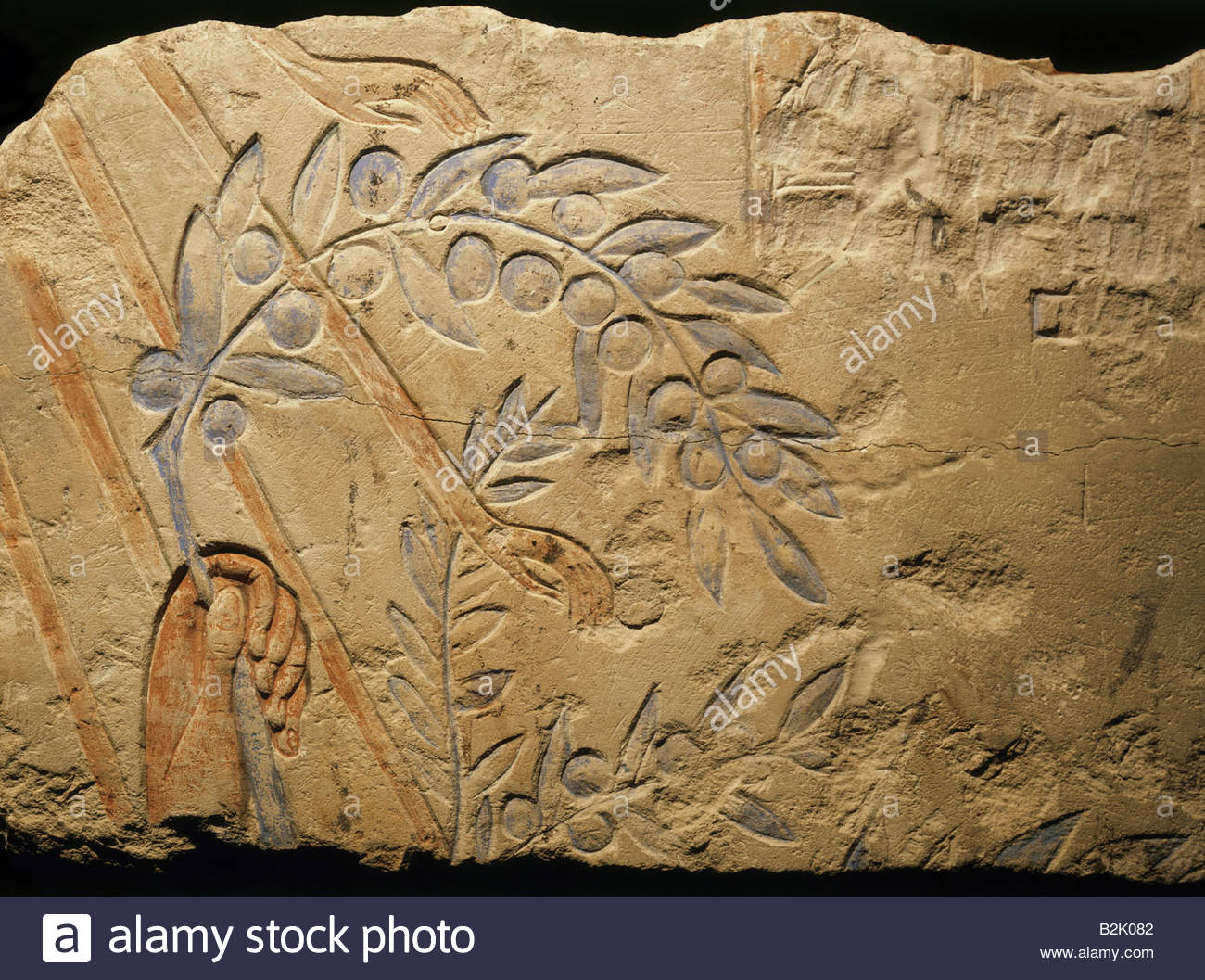 fine arts, ancient world, Egypt, relief, olive branch for Aton Stock Photo, Royalty Free Image