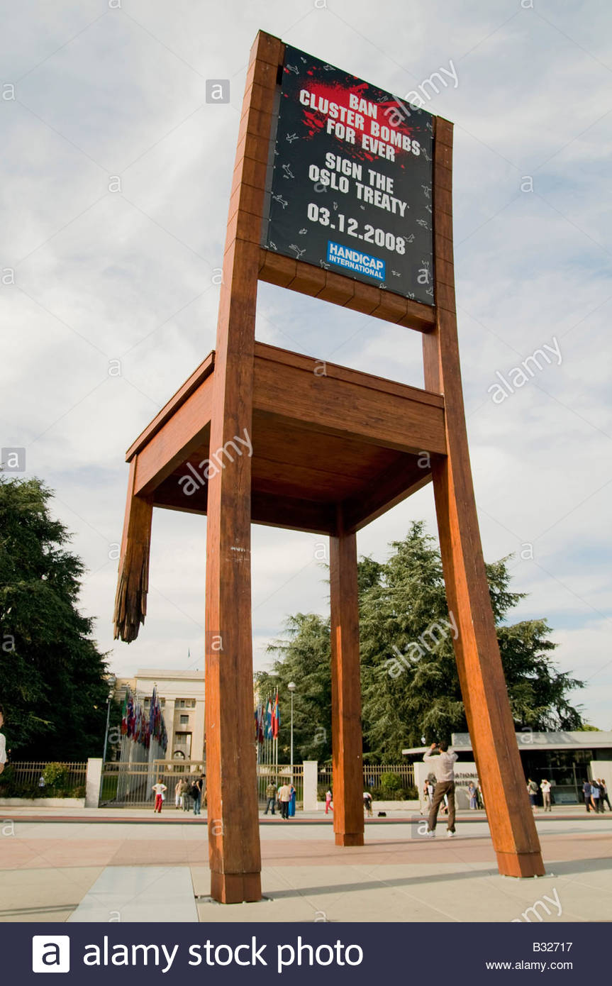 Broken Chair outside the United Nations in Geneva Switzerland Stock