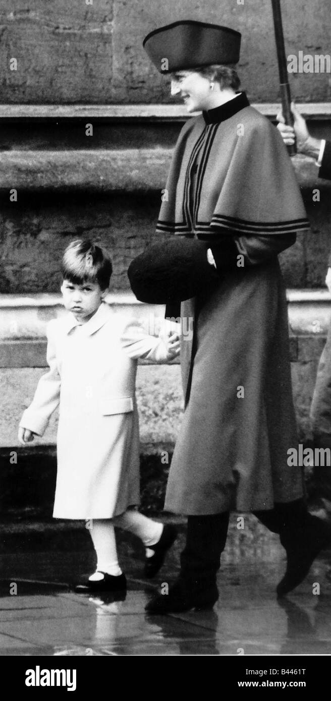 Prince William and mother Princess Diana on Christmas Day holding Stock Photo, Royalty Free