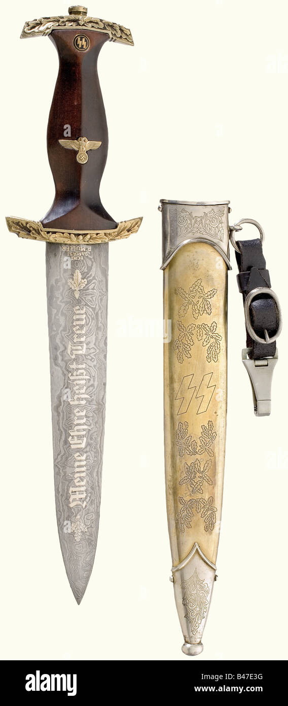 An SS honour dagger., Damascus blade with the gilded etching of the