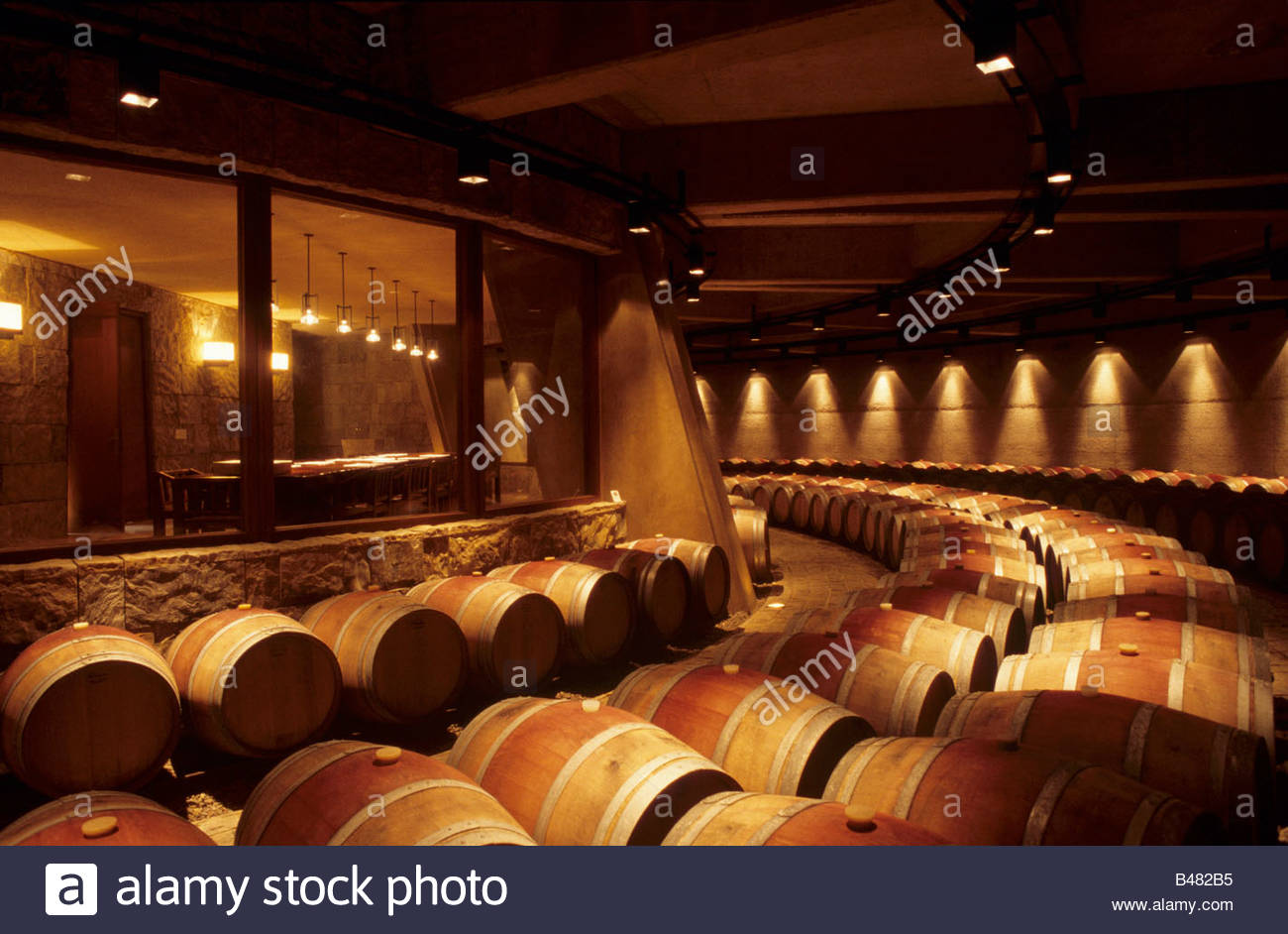 Barrique cellar of the Opus One Winery, California, USA Stock Photo