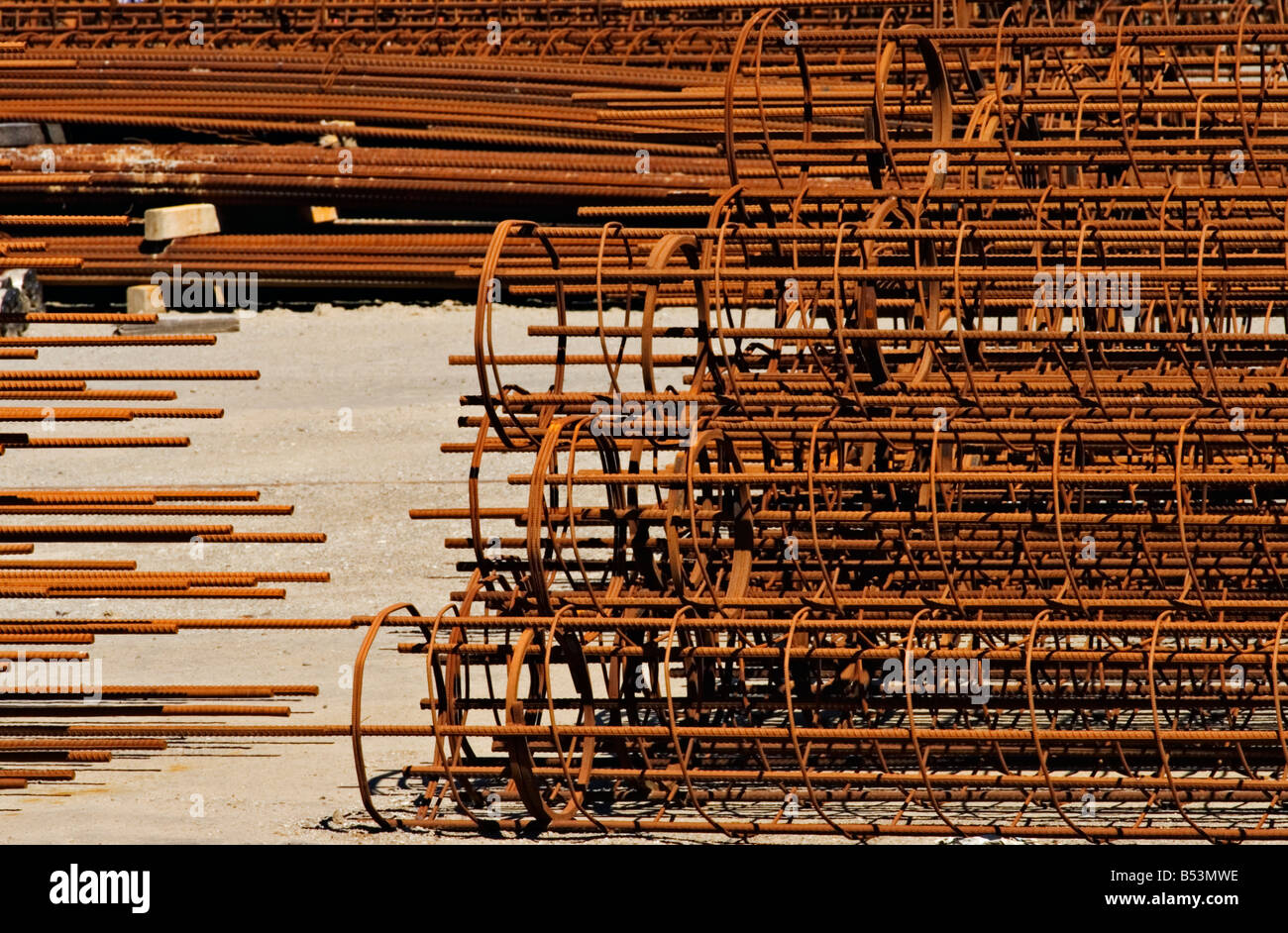 Construction / Steel Rebar foundation material stacked on a Building