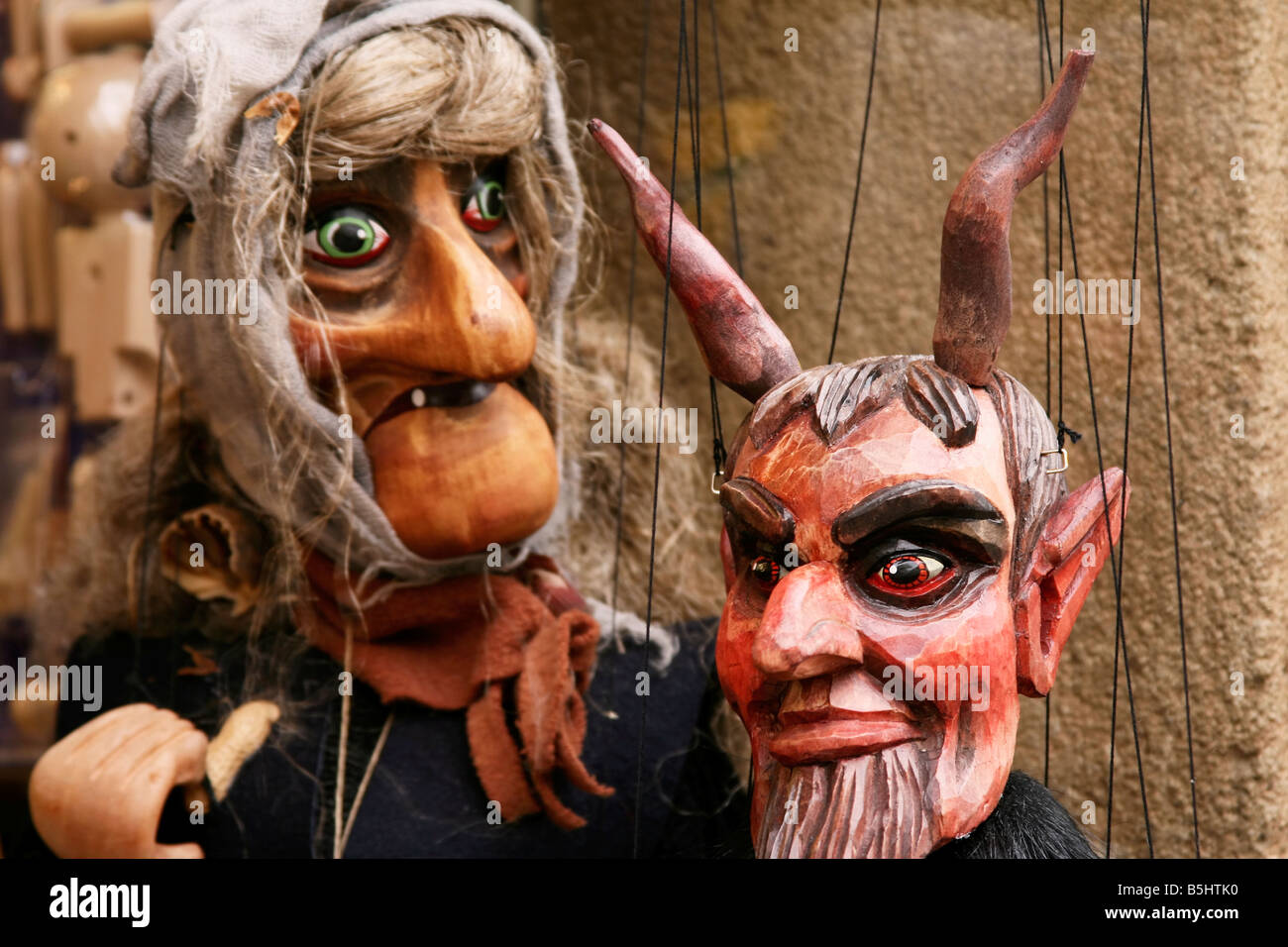 Close up, ugly Halloween puppets (jackstraws). Old and feary man and