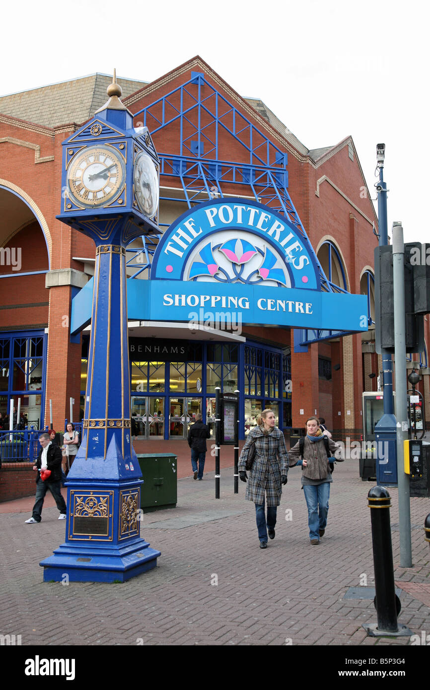 The entrance to the Potteries Shopping Centre, with the clock tower