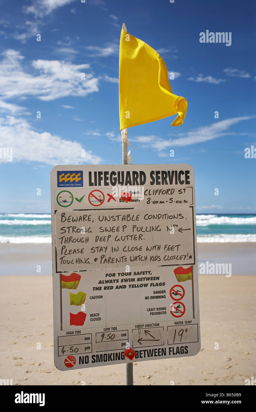 Surf Lifesaving Flag and Warning Sign Surfers Paradise Gold Coast Stock