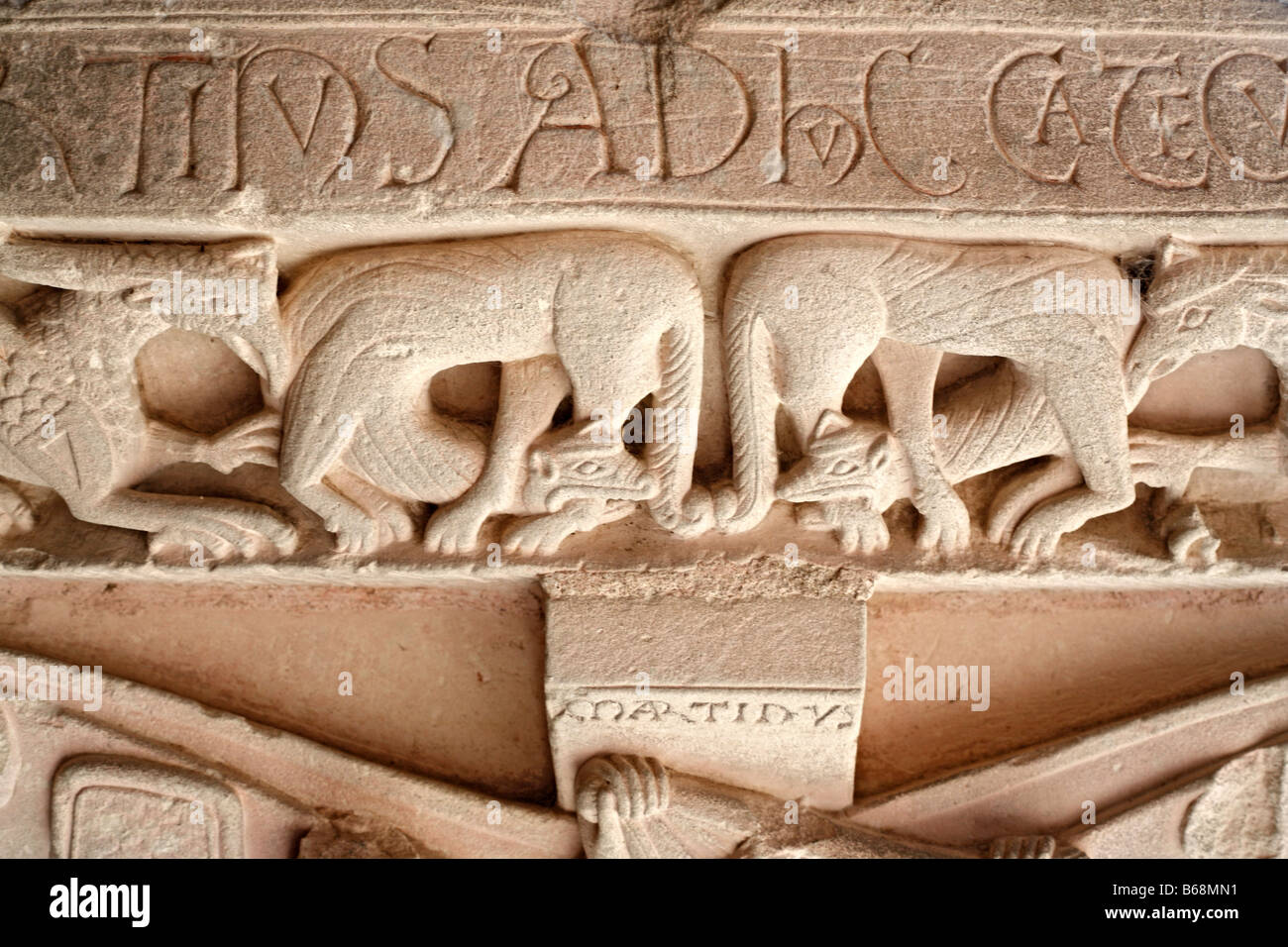 Romanesque sculpture art bas relief on capital column Romanesque sculpture art bas relief on capital column