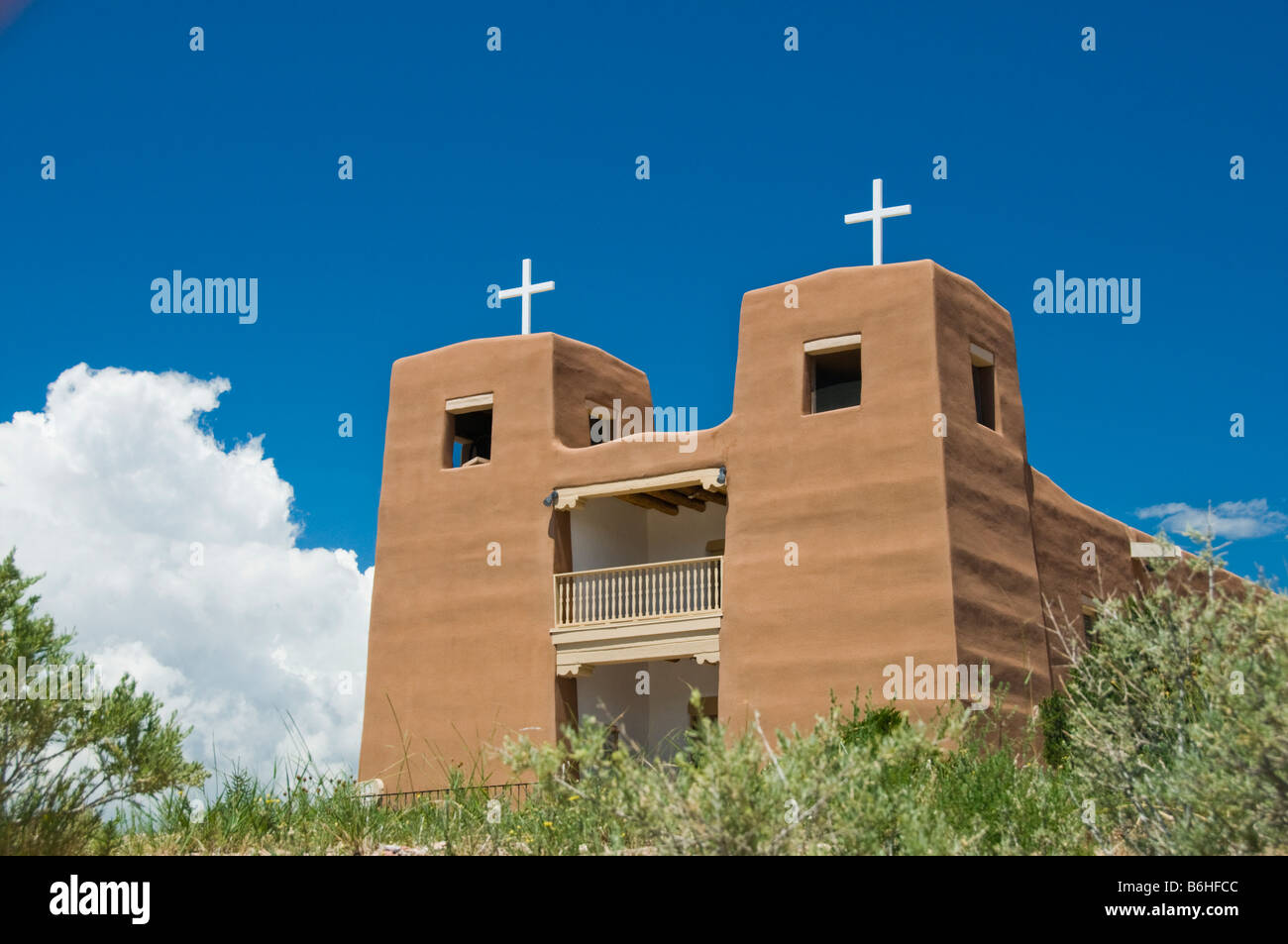 Exterior facade of Sacred Heart Church in Nambe New Mexico Stock Photo