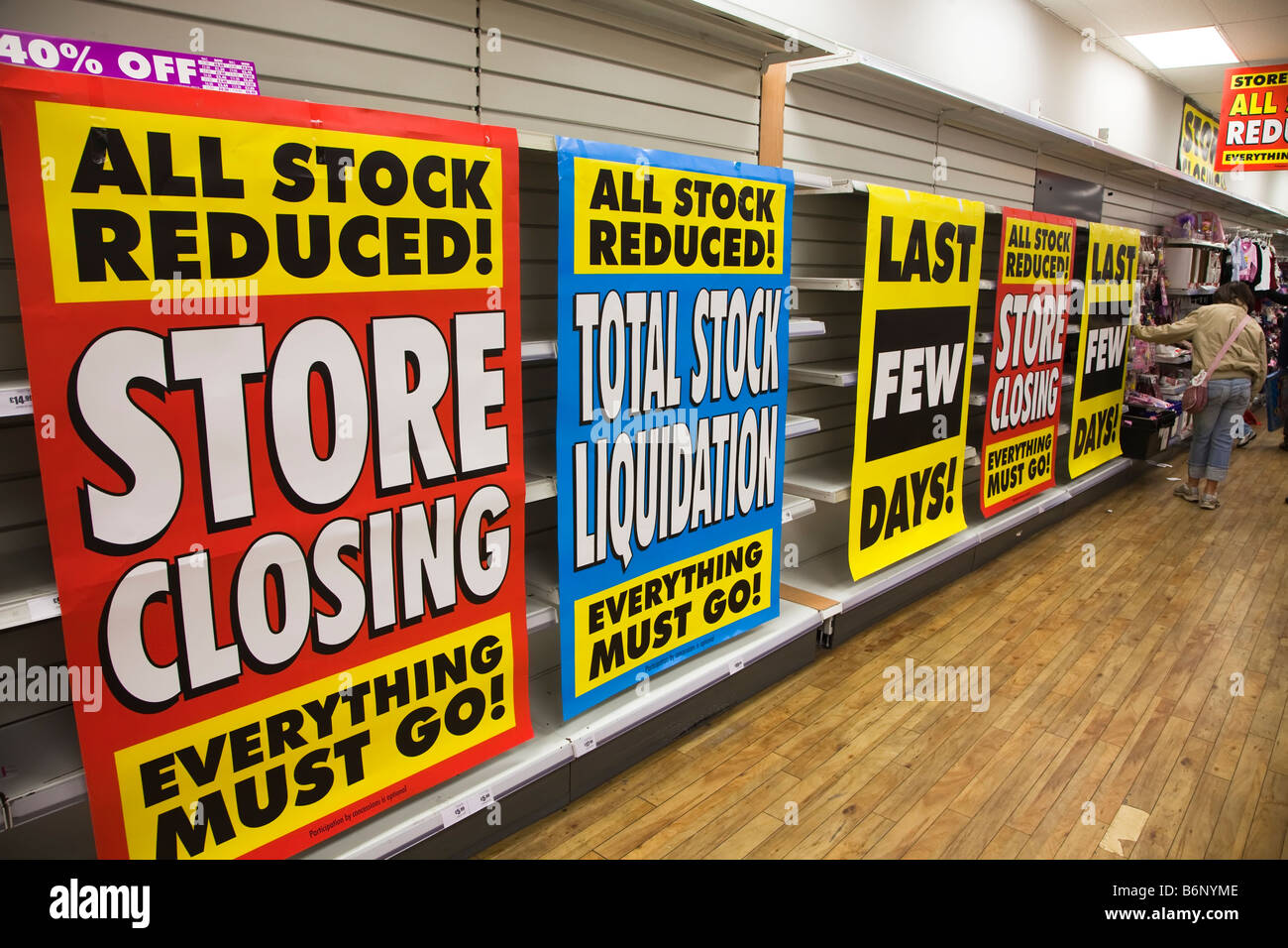 Prices reduced stock liquidation signs with empty shelves in Stock