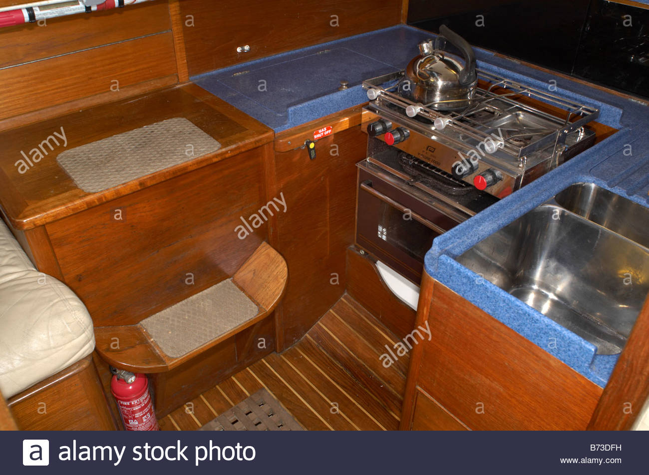 the interior of a contessa 32 yacht - the galley, or kitchen stock the interior of a contessa 32 yacht - the galley, or kitchen stock