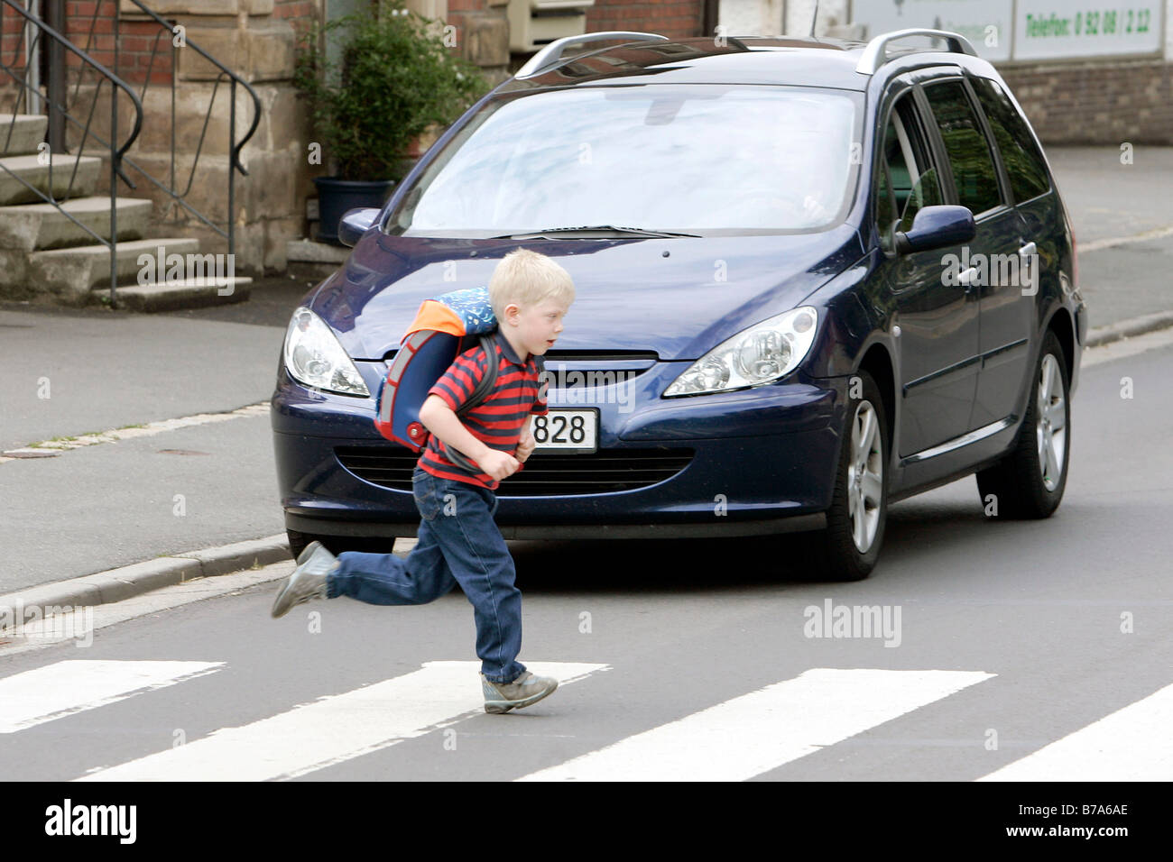 Schoolchild running over a pedestrian crossing while a car is Stock