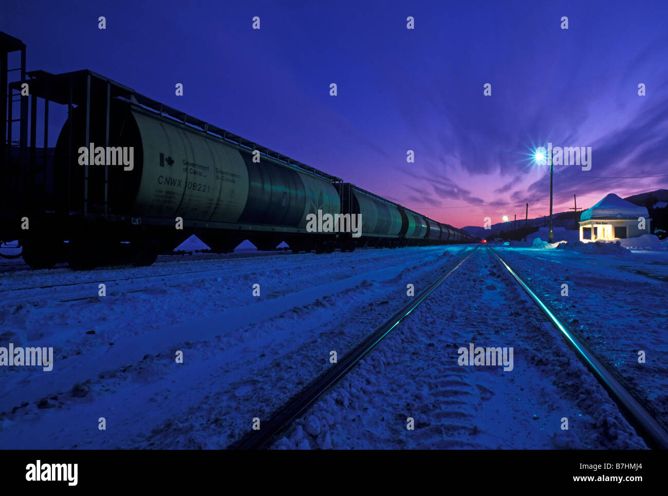 In The Winter Freight Grain Cars In Blue River At in the winter freight grain cars in blue river at