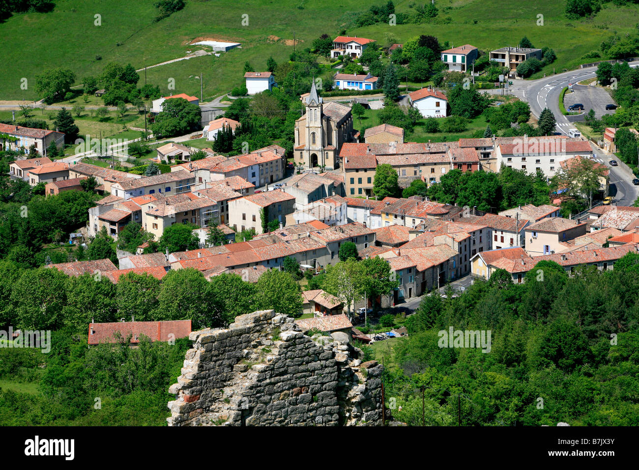 Panoramic view of a small town called Puivert in Stock Photo, Royalty