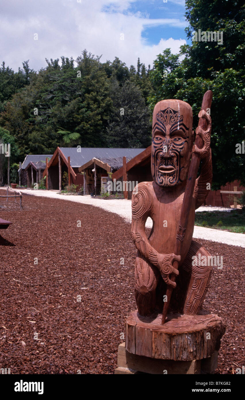 Tamaki Maori Village Statue Carved In Red Wood Traditional Form Houses