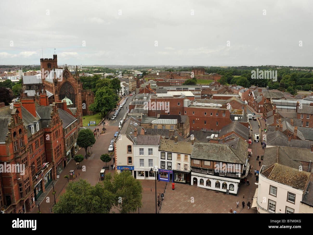 Elevated aerial general view over Carlisle city centre looking north
