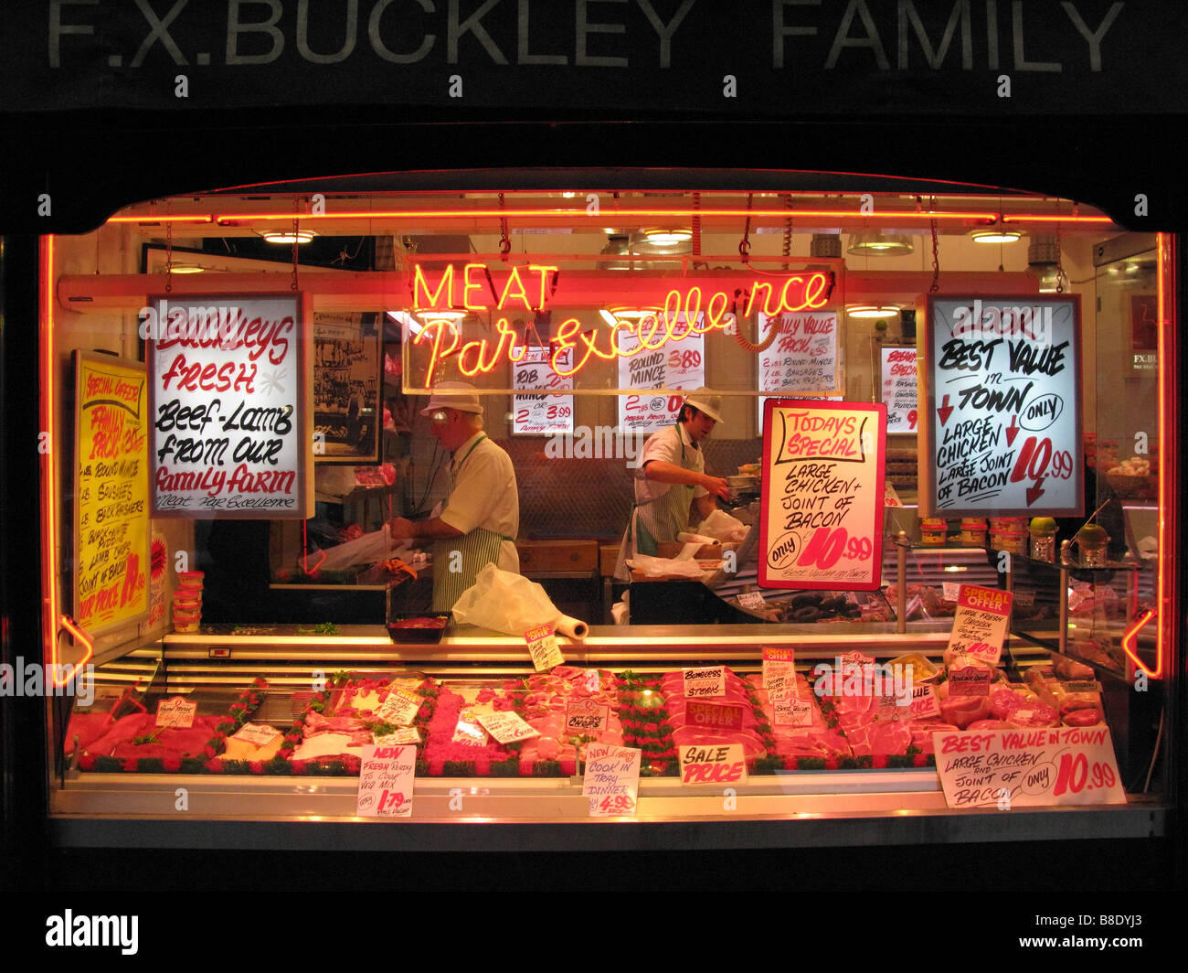 Ireland Dublin butcher shop meat market window display vendor FX Stock