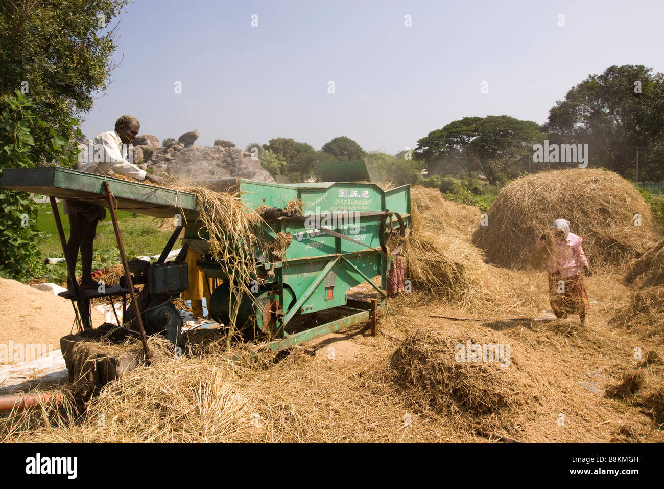 India Tamil Nadu harvest time threshing harvested rice with motorized