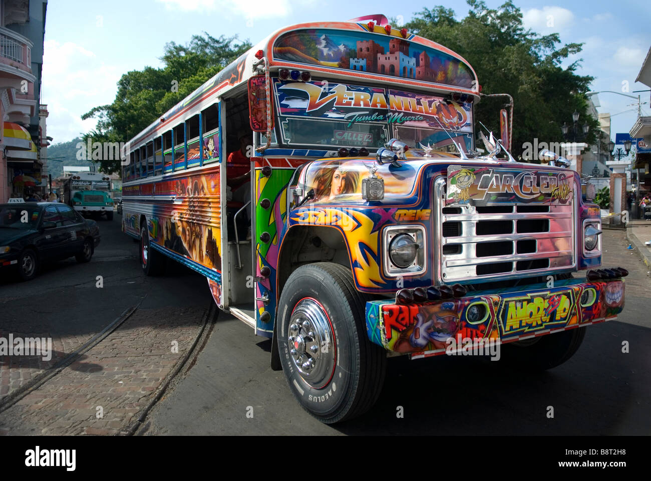 Beautiful ‘Diablo Rojo’ bus in Panama Stock Photo, Royalty Free Image