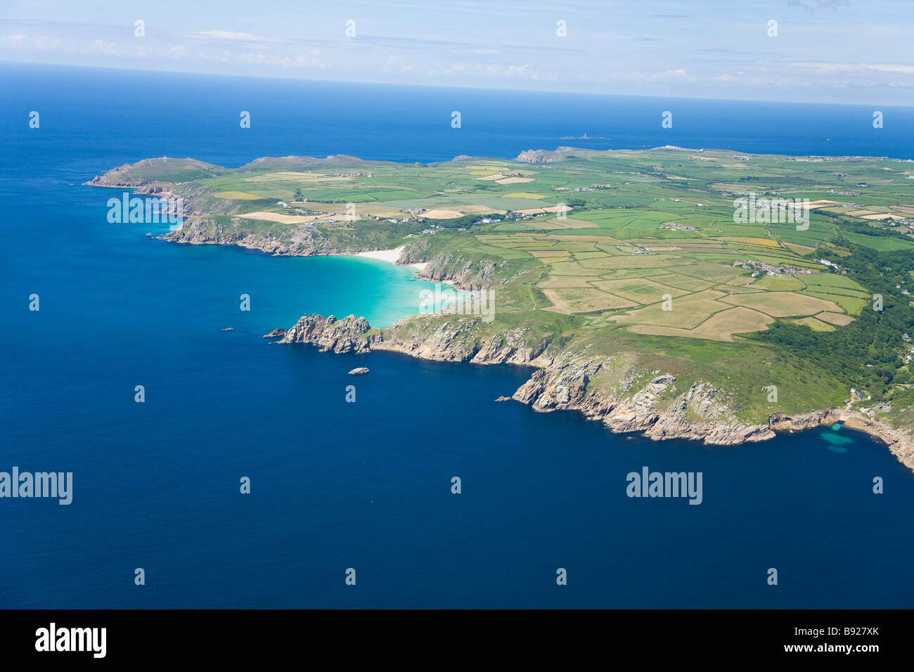 Aerial view of Lands End Peninsula in summer sun Cornwall England UK