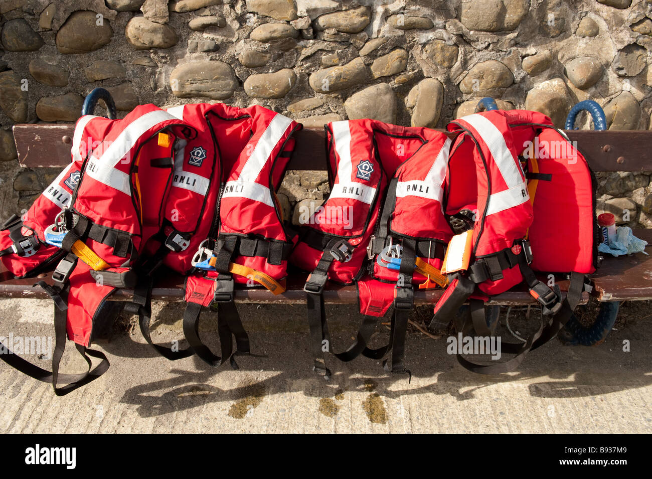 RNLI red safety life jackets, UK Stock Photo, Royalty Free Image