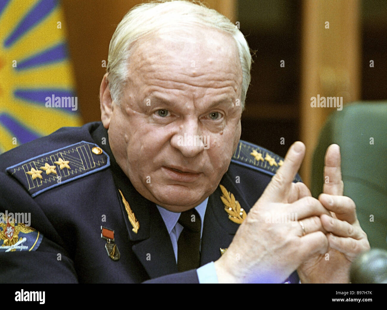 Colonel General Vladimir Mikhailov Russian Air Force commander addressing a news conference to sum up the - colonel-general-vladimir-mikhailov-russian-air-force-commander-addressing-B97H7K