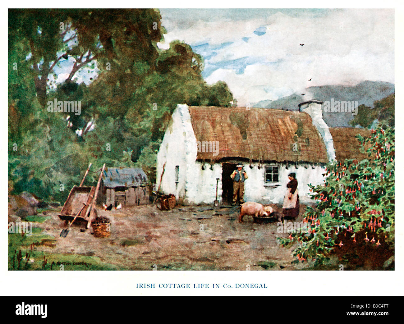 Cottage Donegal 1925 painting of rural life on a smallholding in Stock