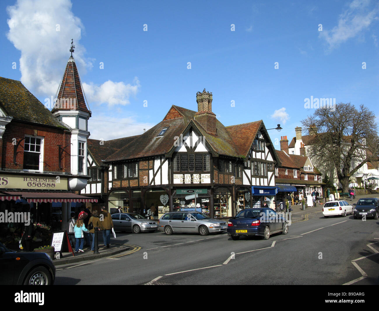 Traffic and shops looking north in the High Street, Haslemere Stock