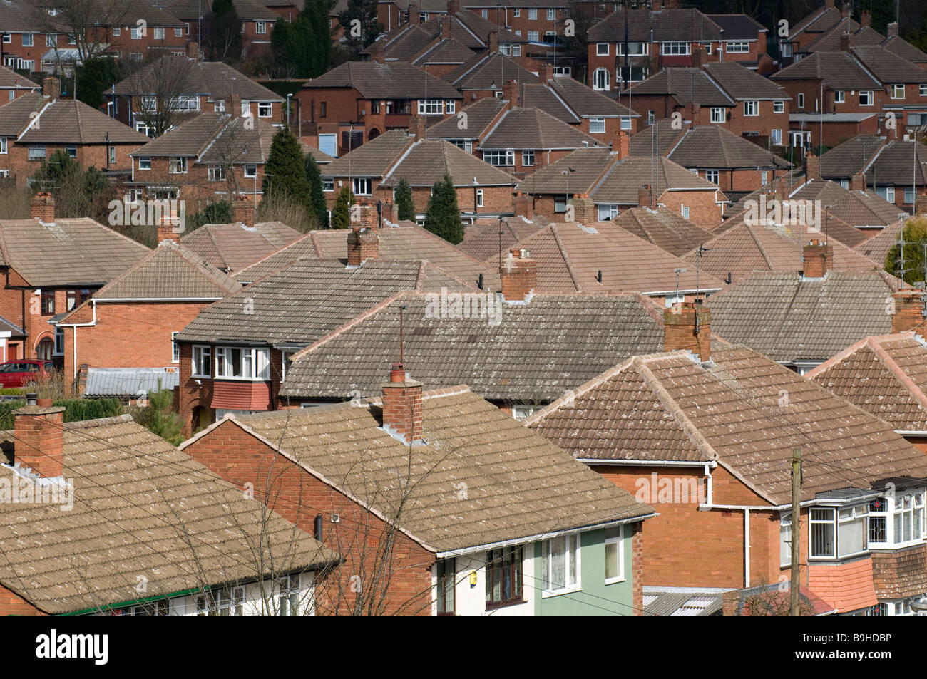 A view of suburban houses and rooftops in the West Midlands England