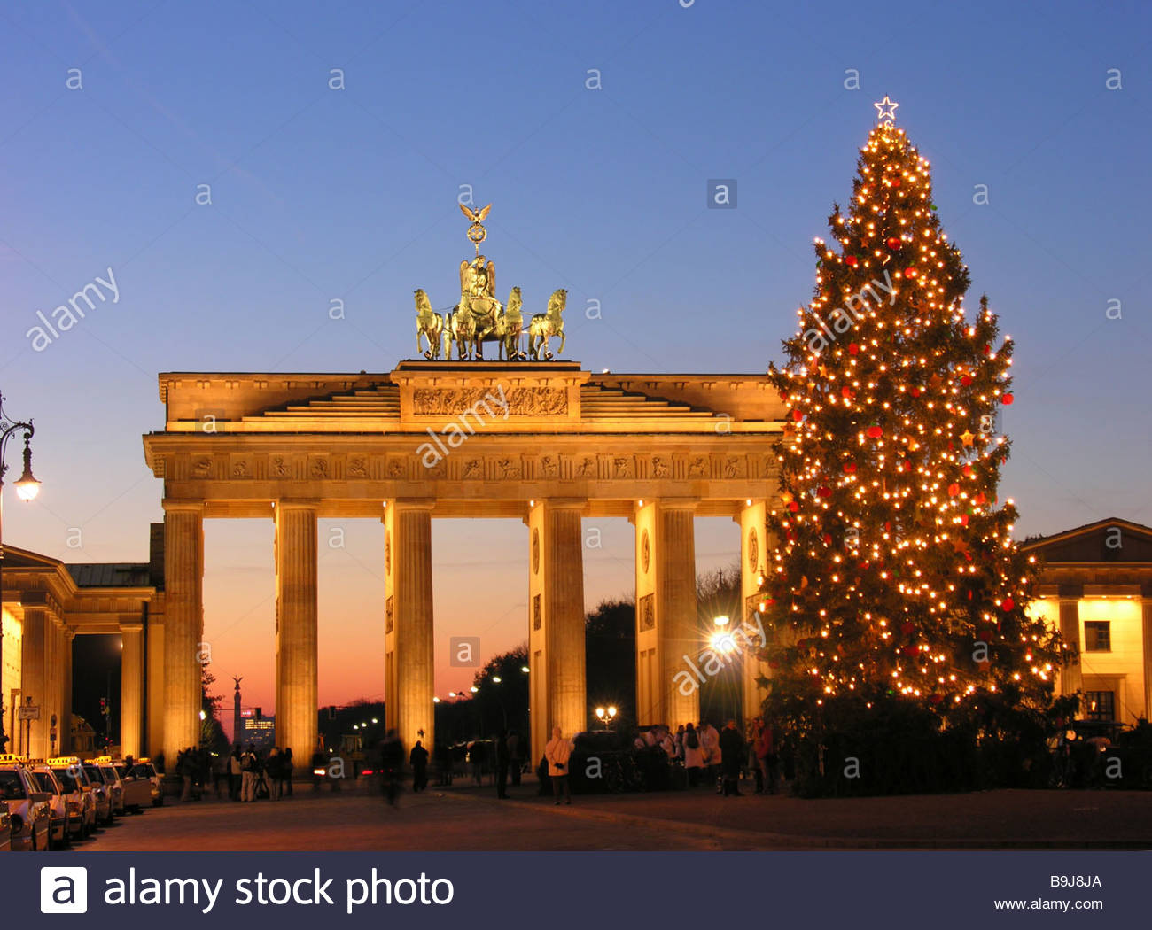 Germany Berlin Parisian place Brandenburg gate Christmastree Stock